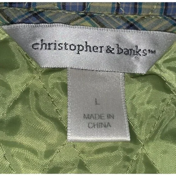 Christopher & Banks Sz LARGE Vest Cotton Green Plaid Button Front Quilted EUC - Picture 7 of 9